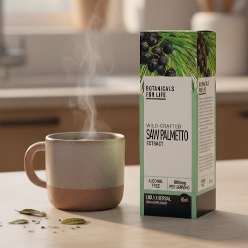 Herbal tea steaming in a ceramic mug beside a Botanicals For Life Wild-Crafted Saw Palmetto Extract bottle on a kitchen counter, with the product label clearly visible in warm natural light.